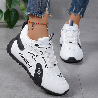 Women's Lightweight Breathable Low-Top Sneakers - White & Black Contrast Synthetic Cover & Fabric Upper, All-Season Casual Shoes with Cushioned Comfort & Durable Rubber Sole, Ladies Sneakers
