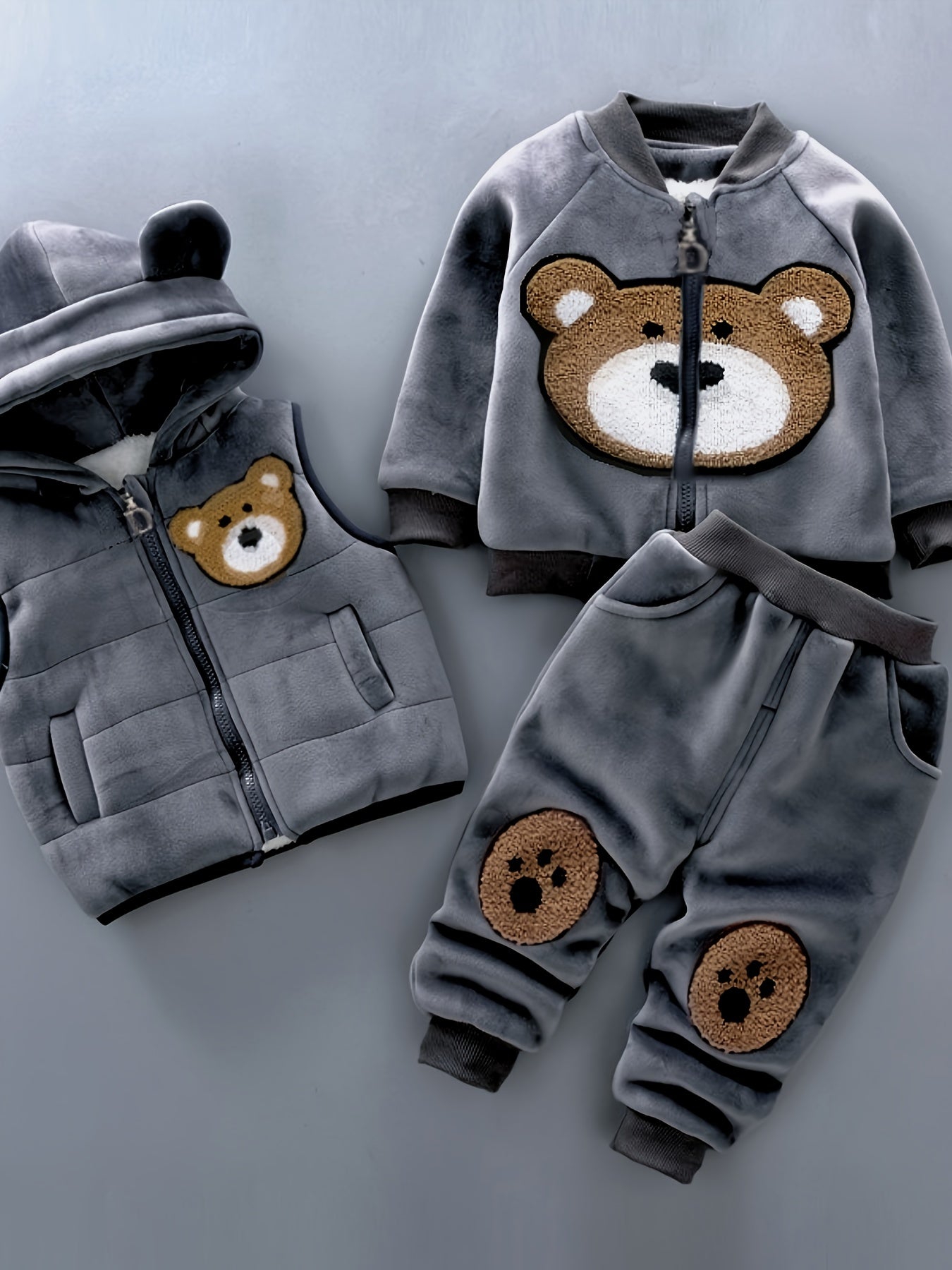 3pcs Boys & Girls Winter Warm Hooded Bear Set - Thick Bear Head Vest, Matching Pants & Hoodie, Cozy 3pcs Outfit for Outdoor Play, Casual Wear (Easy-Care Baby Clothes, Hand/Dry Clean), Perfect for Outdoor