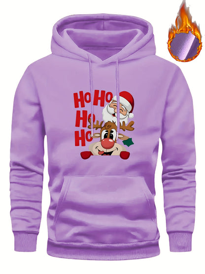Men's Christmas Hooded Sweatshirt with Rudolph & Santa Print - Thickened Winter Pullover Hoodie, Warm Long Sleeve Casual Sweater for Skiing, Parties, Team Events - Machine Washable (Couple Matching, Unisex Style)