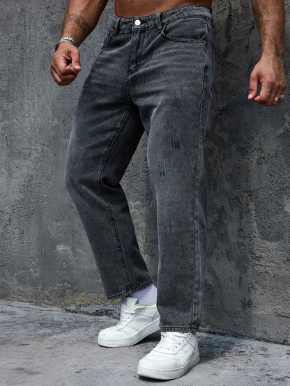 Men's Regular Fit Distressed Denim Jeans - Light Grey, Blend, Machine Washable, Year-Round Comfort & Style