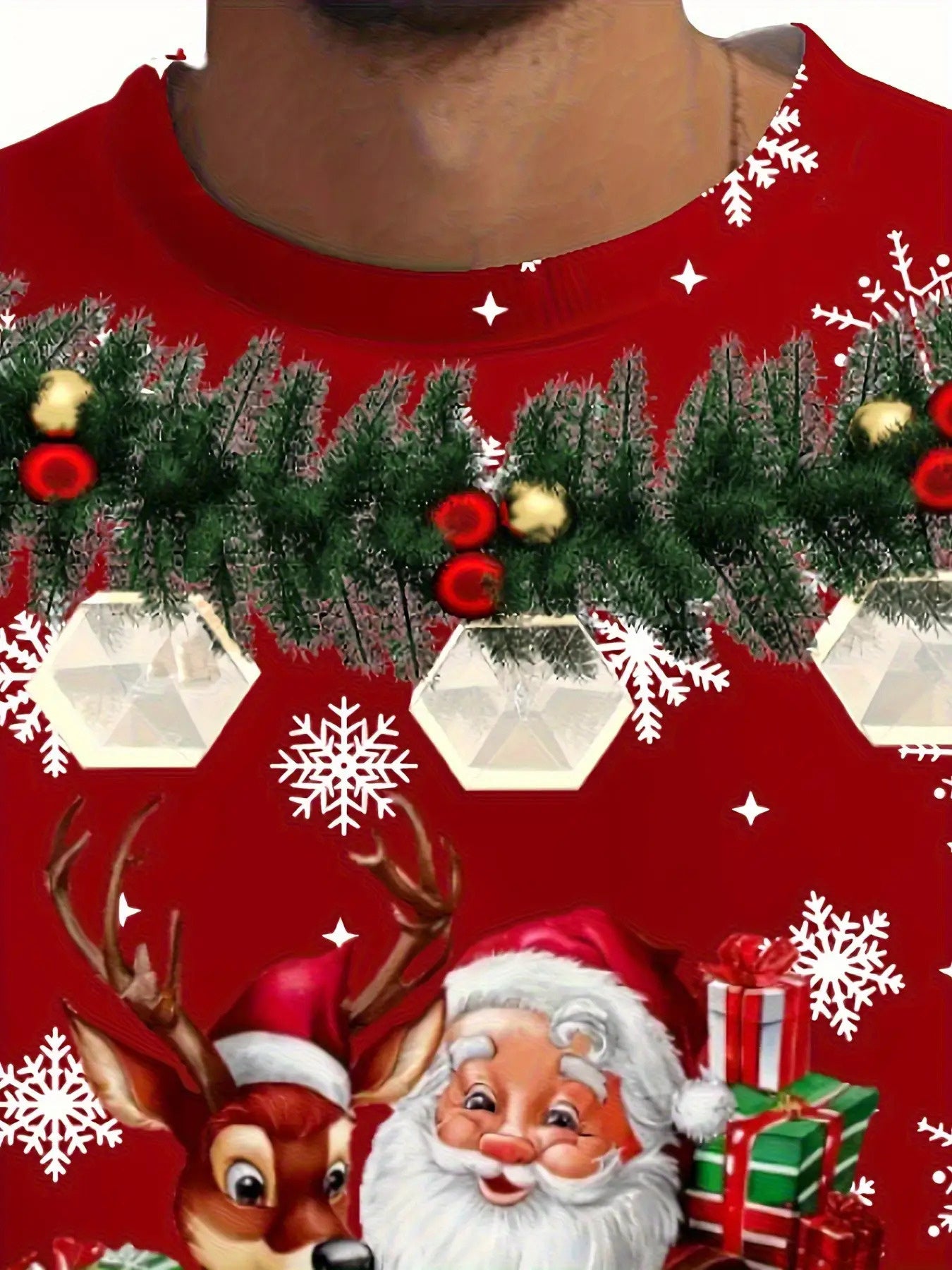 Men's Christmas Santa & Reindeer Print T-Shirt - Soft Stretchy Long Sleeve Casual Top with Elf Helper & Sleigh Design, Plus Size Holiday Party Wear, Machine Washable Red & White Snowflake Pattern Shirt, PLUS SIZE, Christmas S