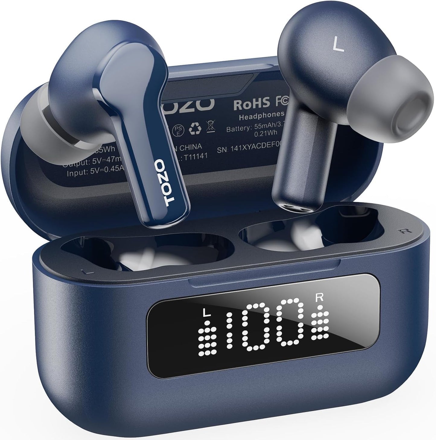 TOZO Hybrid Active Noise Cancelling Wireless Earbuds with 6 Mics AI Clear Call Ear Buds 55H Playtime with LED Display 32 Preset Eqs via APP Bluetooth 5.3 IPX8 Waterproof in Ear Headphones