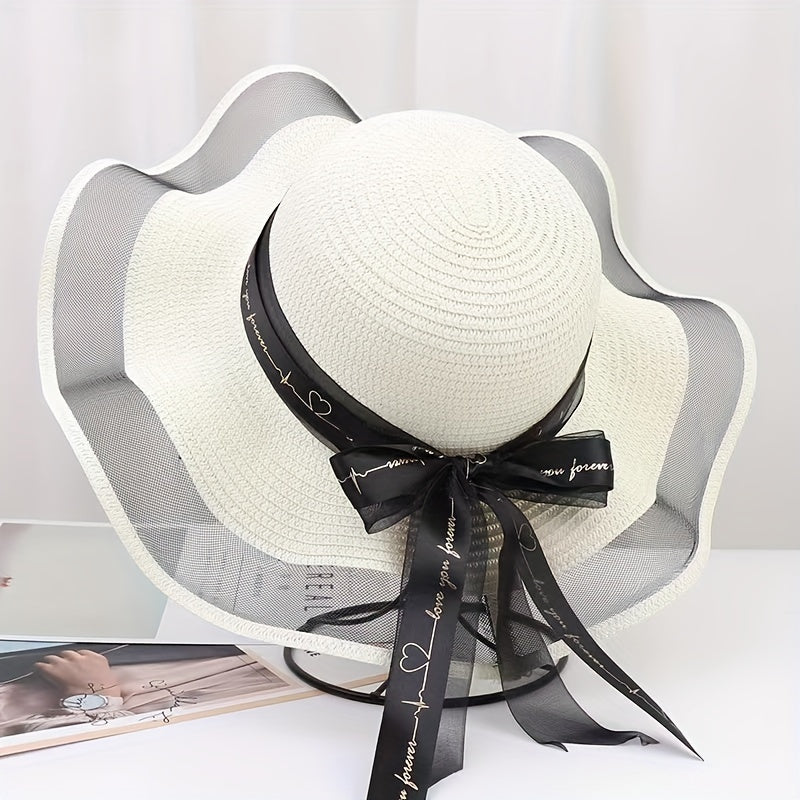 Women’s Packable Straw Sun Hat with Wide Bow Ribbon