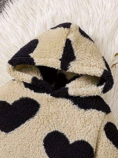 1- Girls' Fashion Casual Heart Print Plush Hoodie and Patchwork Knit Pants Set, Suitable for Autumn and Winter, School, Leisure, Outdoor Sports, Perfect for Outdoor