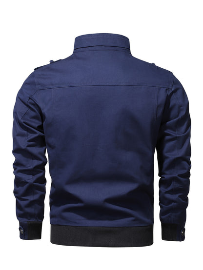 Men's Casual Bomber Jacket, Cotton Stand Collar Windbreaker Jacket With Pockets For Fall Winter