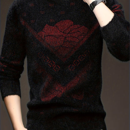 Men'S High-End Crew Neck Sweater | Fashionable Thick Warm Knitted Pullover with Floral Pattern and Hot Stamping for Fall/Winter