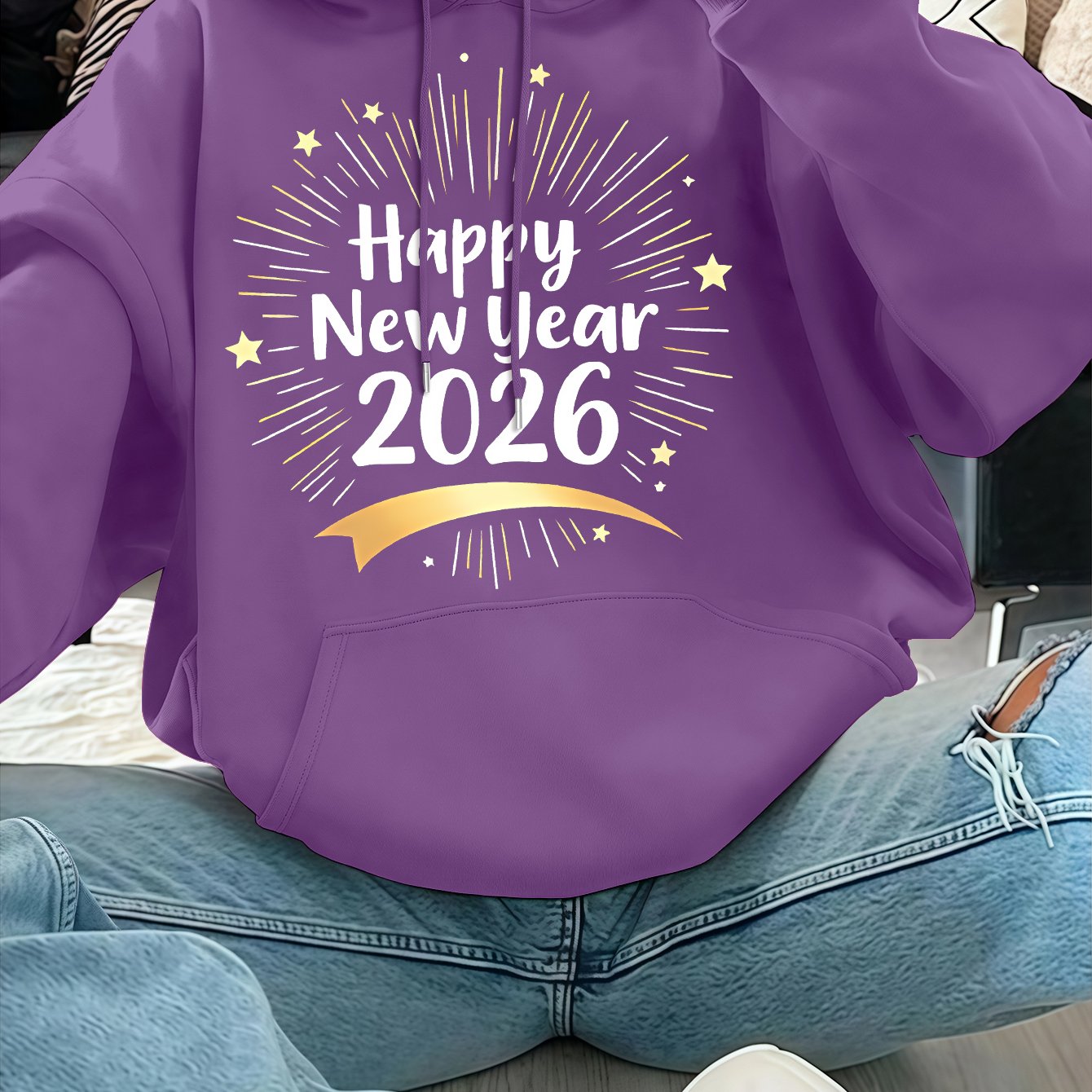 Women'S Pink "Happy New Year 51.46meter Print Hoodie - Cozy Casual Pullover with Golden Glittery Lettering, Long Sleeves, and Drawstring Hood, Perfect for Winter Celebrations, Winter Hoodie | Festive Print Hoodie | Stretchy F