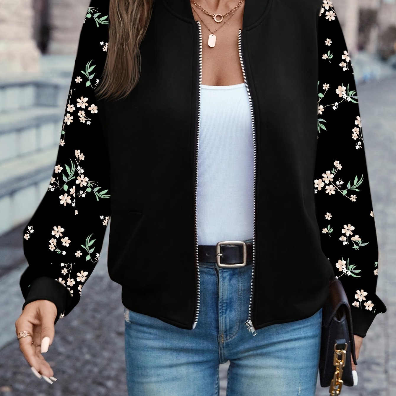 Women's Elegant Black Floral Print Full-Zip Jacket with Puffed Sleeve & Stand Collar - Full-Length Coat for Fall, Office, Shopping, Casual Outfits - Machine Washable Structured Outerwear with Full-Length Zipper Closure & Ruff