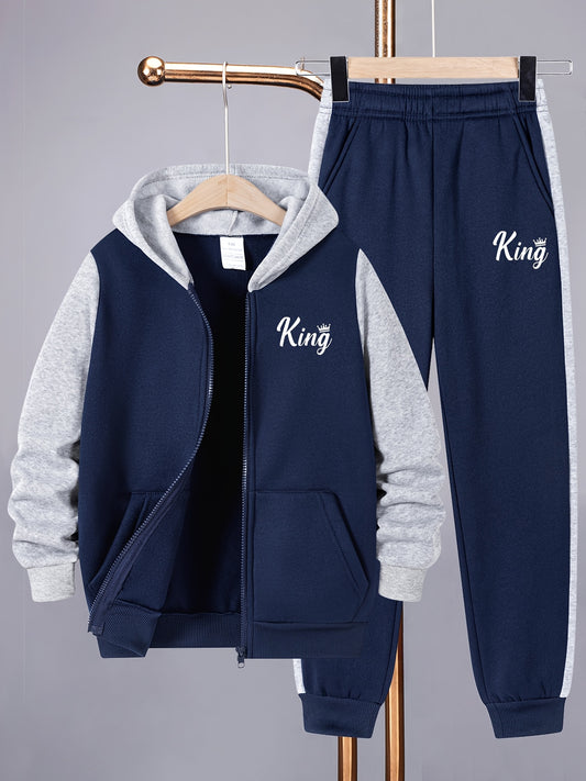 2pcs Boys' Casual Sportswear Set, Autumn and Winter Fashion Color Block Kids' Zip-Up Hoodie + Pants with Letter Pattern, Comfortable and Breathable for Daily Wear and Outdoor Activities, for Outdoor
