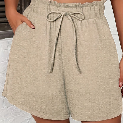 Relaxed Style| Women's Light Blue Faux Denim Casual Shorts - High-Waisted, Loose Fit with Drawstring, Summer Wash-Free Polyester Shorts for Everyday Comfort, Summer Casual Wear|Drawstring Shorts|No Stretch Fabric, High Waiste