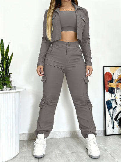 Versatile Multi-pocket Casual Workwear-style Fitted V-neck Cropped Shirt and American-style Wide-leg Pants Set, Women's 2pcs Suit