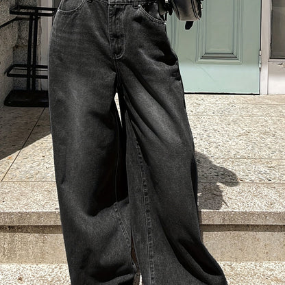 1pc Women's High-Waisted Wide Leg Denim Jeans, Casual Style, Solid Color, Non-Stretch Fabric, Straight-Leg Pants for Spring/Summer/Autumn