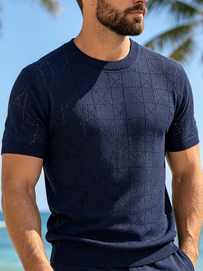 Men's Loose Fit Short Sleeve Hollow Knit Crew Neck Top