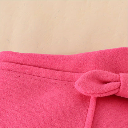 Honey Style Knitted Fabric Crew Neck Long Sleeve T-Shirt with Solid Color Flared Skirt and Beret Set for - Bow Detail Knee High Medium Stretch Fall/Winter Outfit