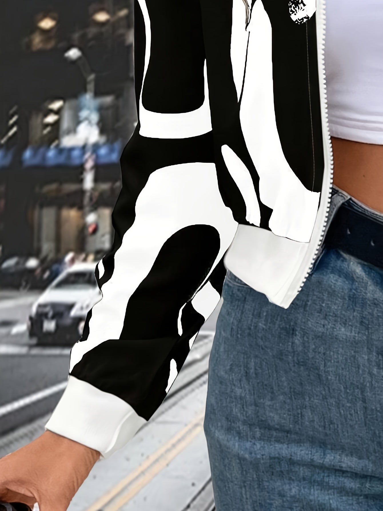 Կանացի ոճային սև-սպիտակ աբստրակտ նախշերով կայծակաճարմանդով կարդիգան բաճկոն - երկար թևքերով առօրյա սվիտեր գոտիով, բոլոր եղանակների համար, առօրյա հագուստի բաճկոն | Ժամանակակից առօրյա բաճկոն | կայծակաճարմանդով բաճկոն