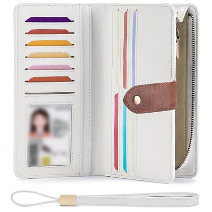 Women's Large Capacity Wallet Handbag with Wrist Strap - Elegant White & Golden-Tone Long Wallet, Golden-Tone Hardware, Multi-Compartment Organizer with Cash Pocket & Card Holder for Everyday Use, School, Work, Travel - Styli