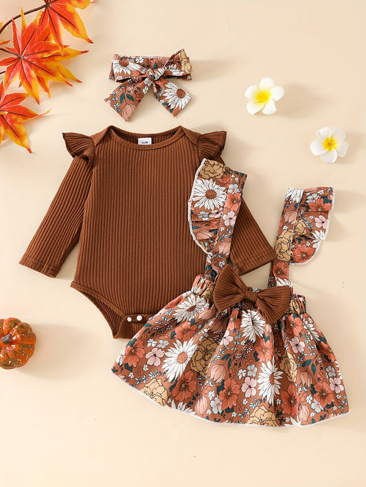 2 հատ Cute Little Girl Flower Print Երկարաթև Թռչող Թև Հա Հա վերնաշապիկ 0 ամսական-24 ամսական Մանկական մուգ ճարմանդով օձիքով Եռանկյունի մագլցման կոստյում Գարնանային և աշնանային հագուստ + Նորաձև մանկական կրող կիսաշրջազգեստ, երկար չի ներառում ուսը