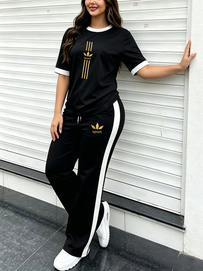Women's Casual Letter Logo Short-Sleeve T-Shirt & Wide-Leg Pants Set
