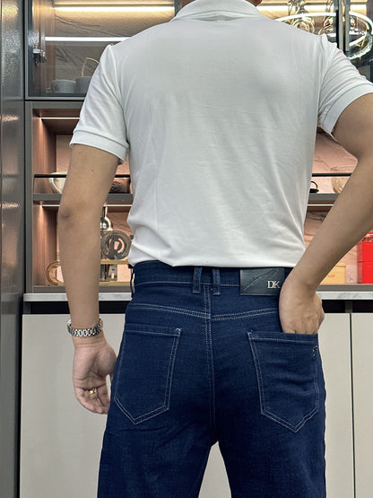 Men's Classic Straight-Leg Jeans in Dark Blue - Comfortable & Stylish Denim for Casual, Work, and Business Dates | Machine Washable, Non-Transparent with Printed Detail | All-Season Wear