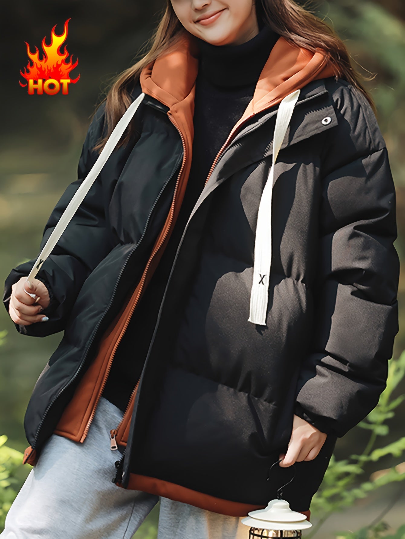 Կանացի բաց կապույտ, գլխարկով փքված բաճկոն - հարմարավետ, բրդյա ծածկույթով ձմեռային վերարկու՝ լարերով, առօրյա ոճ՝ ցուրտ եղանակի համար, ձմեռային վերարկու