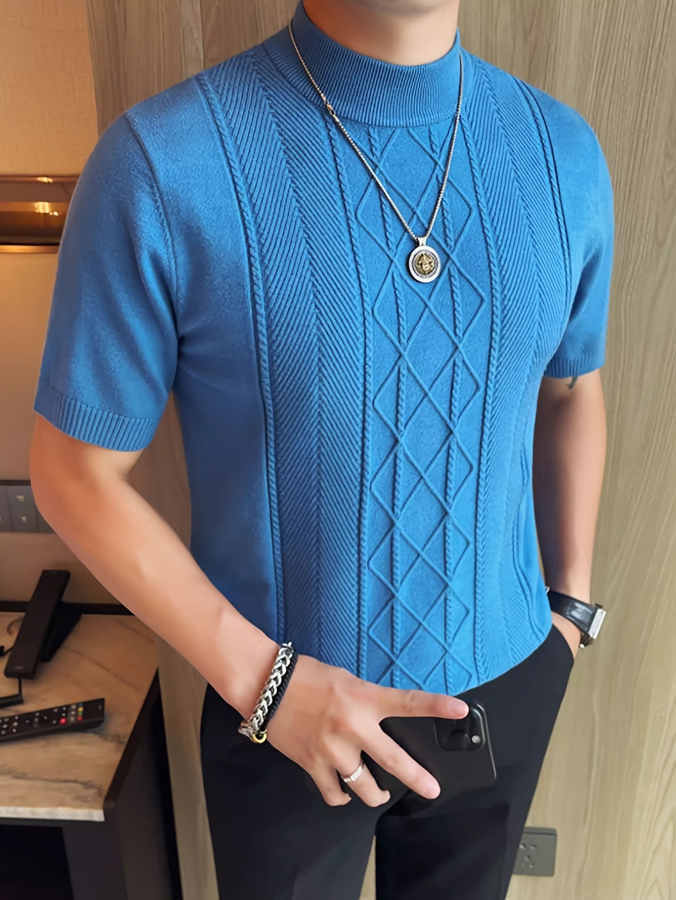 Men's New Solid Color Rhombus Fashion Semi-High Neck Knit Sweater, Spring/Summer Casual Short Sleeve Knit Top - ayq