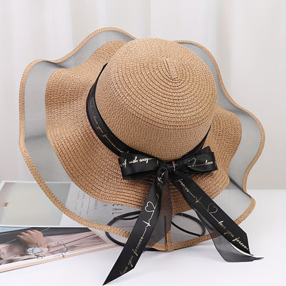 Women’s Packable Straw Sun Hat with Wide Bow Ribbon