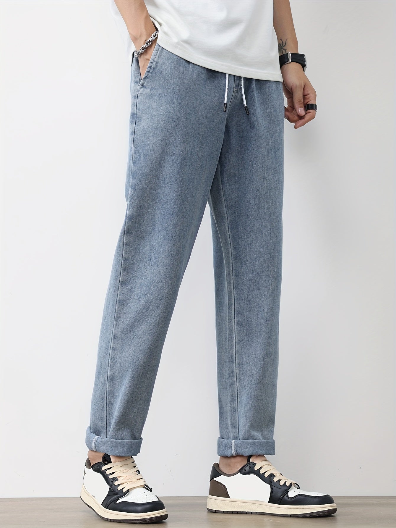 Men's Solid Washed Denim Trousers With Pockets, Causal Drawstring Cotton Blend Barrel Jeans For Outdoor Activities