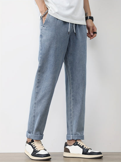 Men's Solid Washed Denim Trousers With Pockets, Causal Drawstring Cotton Blend Barrel Jeans For Outdoor Activities