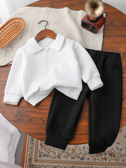 Newborn Boy's Trendy Long Sleeves Lapel Top & Pants Set, 2pcs Comfy Outfits For Kids Everyday And Outdoors