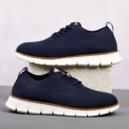 Men's Breathable Knit Business Casual Shoes - Beige with Brown Accents, Lace-Up, EVA Sole, Round Toe, Versatile for All Seasons, Dressy Shoes