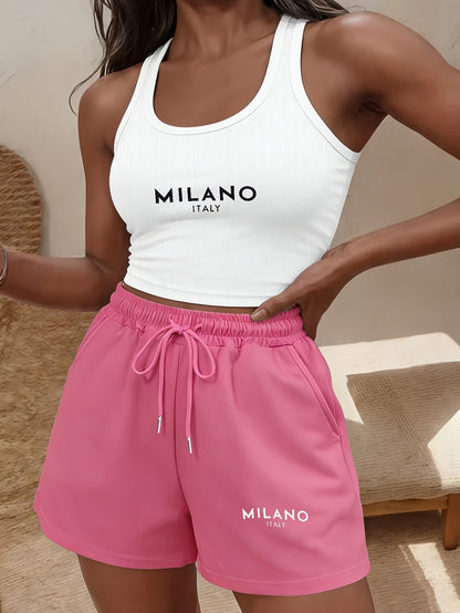 Women's Casual Sleeveless Crop Top & Drawstring Shorts Set