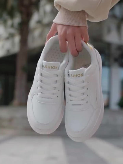Women'S Chic White Sneakers - Stylish Low-Top Lace-Up Casual Shoes with Golden Accents, Lightweight All-Season Footwear, Waterproof, Non-Slip, Round Toe Design for Everyday, Sports, and Office Wear, Everyday Sneakers | Chic W