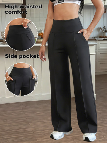 Women's High-Waist Wide-Leg Pants with Tummy Control & Pockets