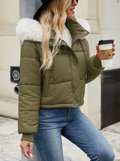 Կանացի կարճ, առօրյա, կայծակաճարմանդով, գլխարկով բաճկոն՝ արհեստական ​​մորթուց զարդանախշով - սև պոլիեսթեր, երկար թևքերով, աշնանային/ձմեռային բացօթյա հագուստ, ցուրտ եղանակի համար | Գլխարկով նորաձևություն | Փայլուն ծածկույթ