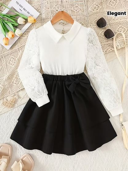 Girls' Elegant White Lace Lapel Top & Black Bow Skirt Set
