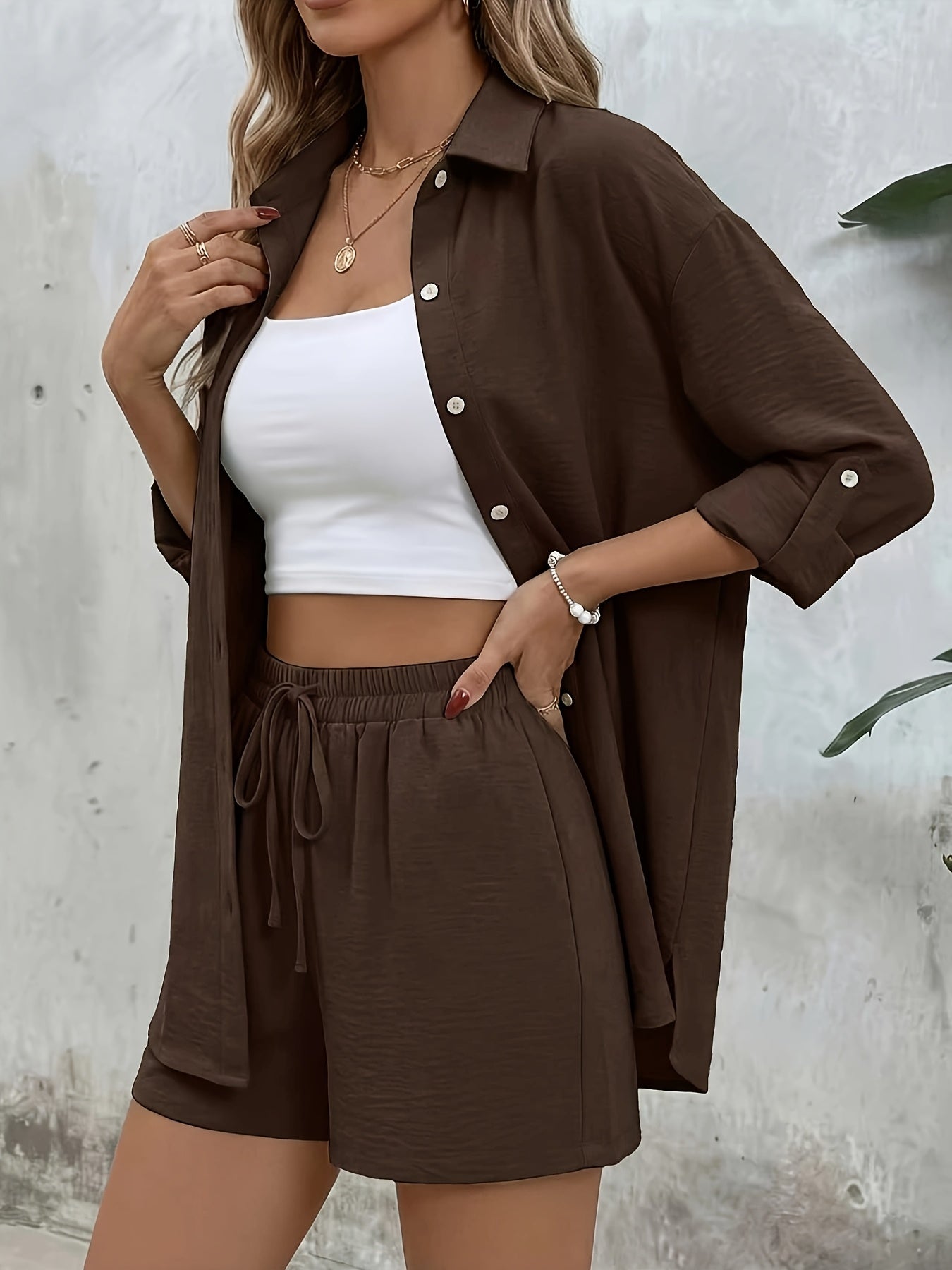 Women's Casual Long-Sleeve Shirt & High-Waist Shorts Set for Spring/Su