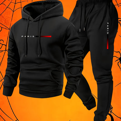 Halloween Men'S Hoodie with PARIS Lettering And Drawstring Sweatpants Set, a Must-Have Outfit for Autumn And Winter, Perfect for Everyday Outdoor Wear - ayq