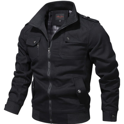 Men's Casual Bomber Jacket, Cotton Stand Collar Windbreaker Jacket With Pockets For Fall Winter