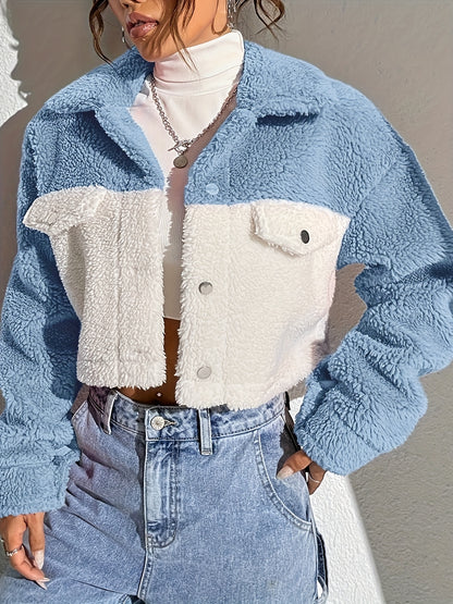 Women'S Elegant Color-Blocked Faux Fur Coat - Chic White & Light Blue Two-Tone Design, Long Sleeve Winter Coat with Belted Waist, Soft Warm Outerwear for Fall/Winter, Versatile Casual to Formal Wear, Ladies Winter Coats, Seas