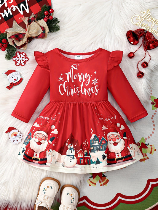 Festive Toddler Girl's Long Sleeve Ruffle Trim Dress with Santa and Snowman Print - Polyester Blend with Slight Stretch, Casual Knit Fabric Playwear for Spring/Fall