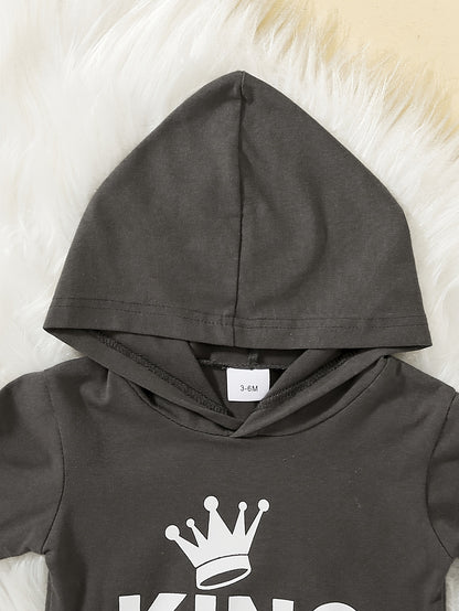2 հատ Baby Boy's Casual Fashion Outfit Hooded KING Print երկարաթև մարզաշապիկ + շալվար բացօթյա հավաքածու