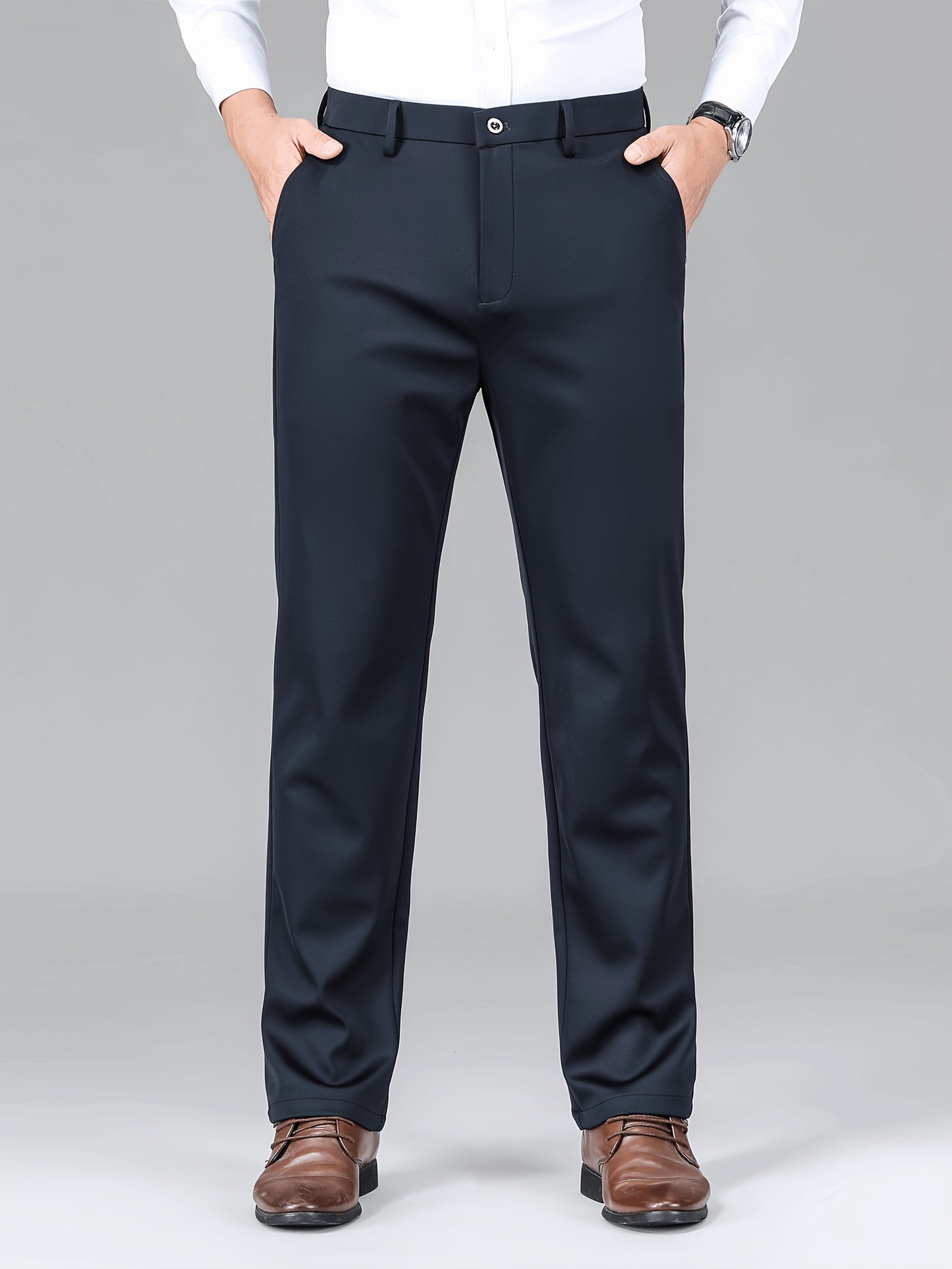 2pcs Men's Business Casual Stretch Dress Pants, Wrinkle-Resistant & Iron-Free, All-Season Wear, Logo, Navy Blue & Black, Polyester Blend, Machine Washable
