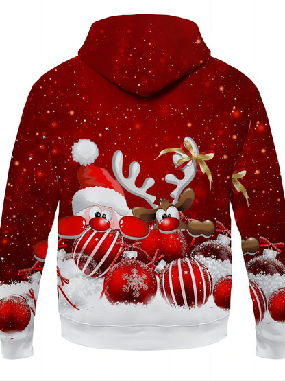 Men's Plus Size Christmas Hooded Sweatshirt - Oversized Fleece-Lined Pullover with Reindeer & Snowflake Print, Red/Green Winter Warm Hoodie, Machine Washable Cozy Holiday Sweater for Parties & Casual Wear (Elf & Candy Cane Po