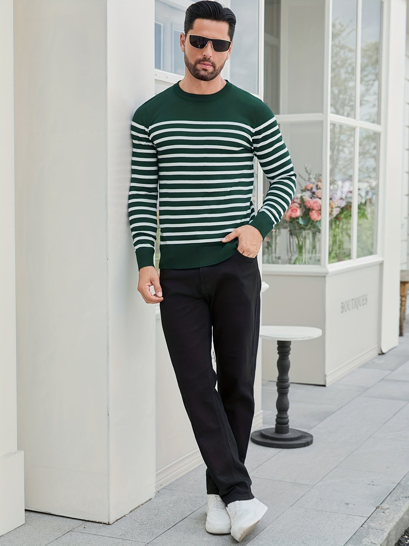 Գարնանային և աշնանային ամենօրյա երկգույն գծավոր տղամարդու սվիտեր-պուլովեր՝ գունավոր բլոկներով, կլոր վզնոցով, տղամարդու տրիկոտաժե վերնաշապիկ