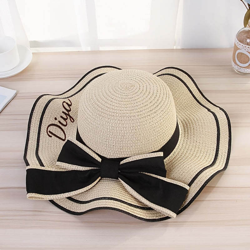 Women’s Summer Wide-Brim Straw Hat with Ruffles & Bow