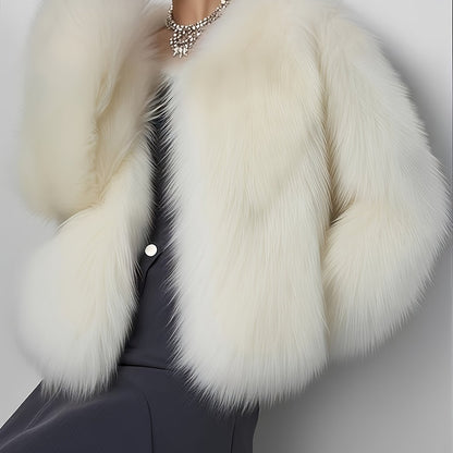 Women's Elegant White Fake Fur Coat - Winter Jacket with Fluffy Collar, Machine Washable Cold Weather Outerwear for Formal & Everyday Events, Luxury Non-Stretch Coat for Women, Ladies Winter Coats, Seasonal Fashion, Sophistic