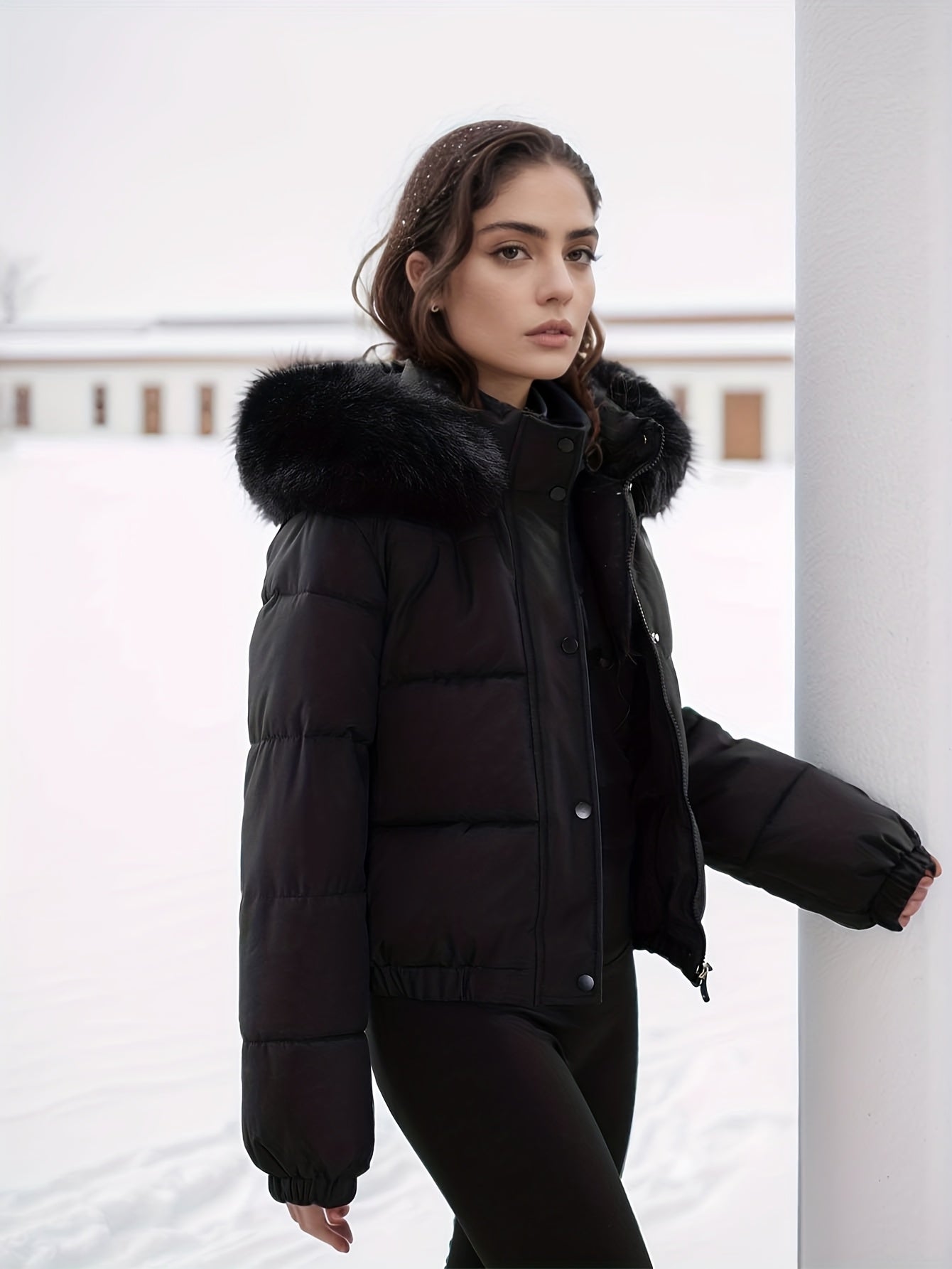 Women'S Winter Coat with Removable Faux Fur Hood - Thickened Loose Fit Long Sleeve Jacket, Zippered Pockets & Button Front, Casual Solid Color Outerwear for Cold Weather, Cozy Warmth, Buttoned Closure, Durable Fabric