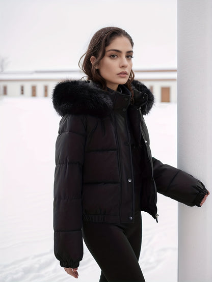 Women'S Winter Coat with Removable Faux Fur Hood - Thickened Loose Fit Long Sleeve Jacket, Zippered Pockets & Button Front, Casual Solid Color Outerwear for Cold Weather, Cozy Warmth, Buttoned Closure, Durable Fabric