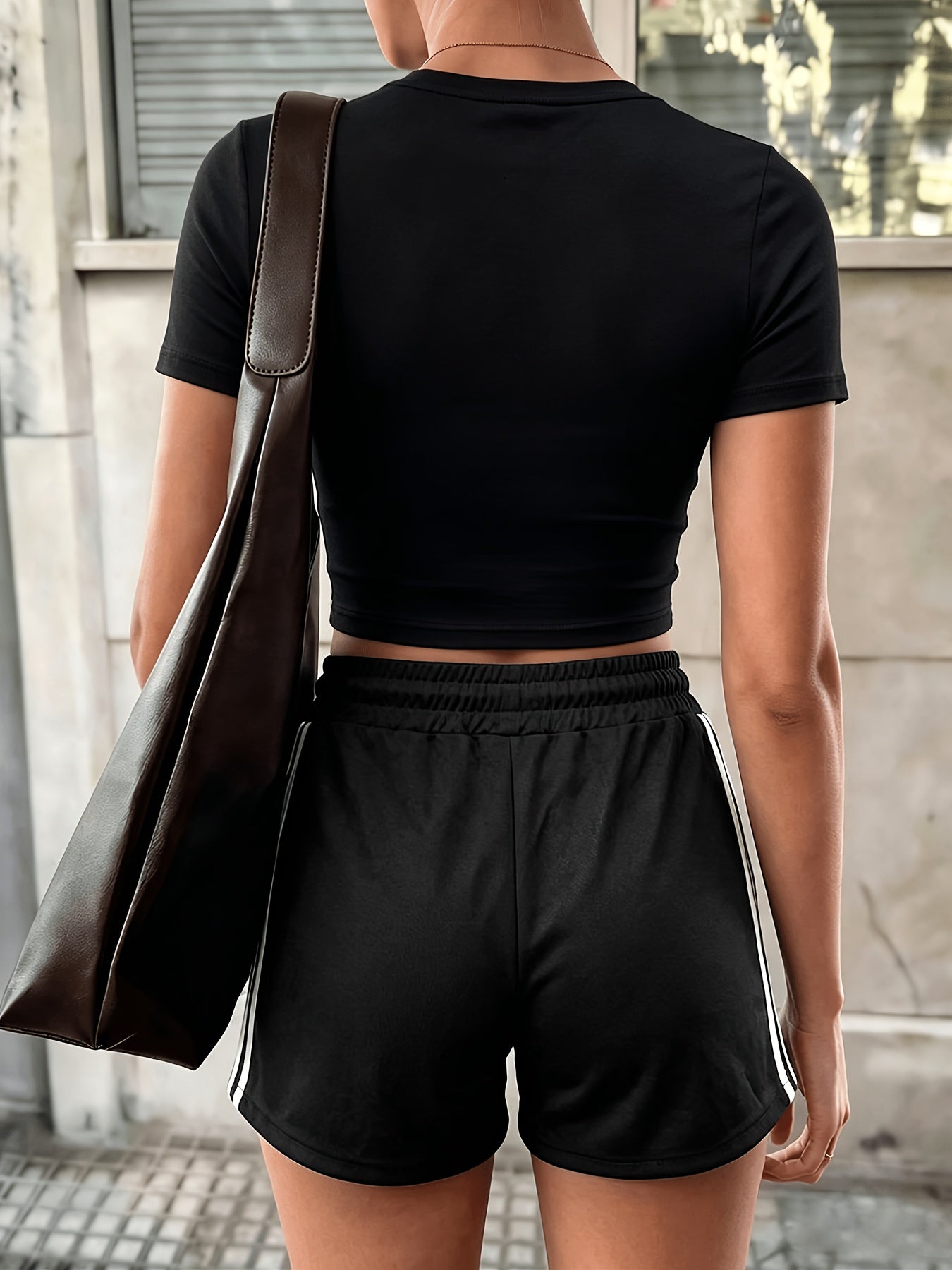 Women’s Slim-Fit Cropped T-Shirt & Striped Shorts Set - Casual Spring
