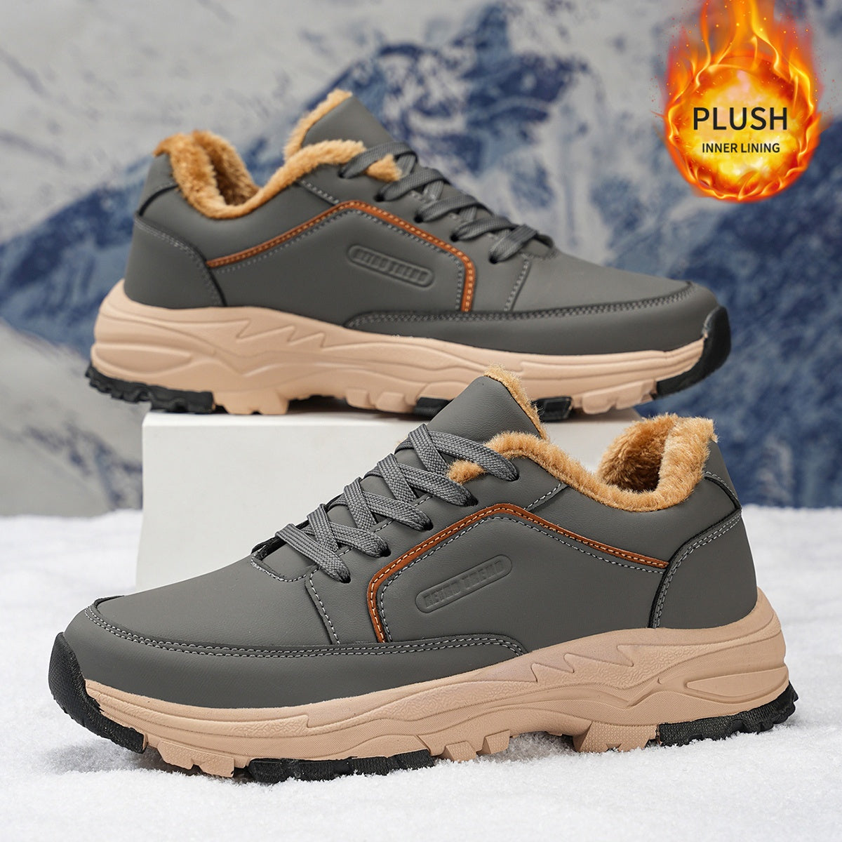 Men'S Low-Top Winter Hiking Boots - Thickened Warm Lining, Anti-Slip TPR/EVA Sole, Geometric Pattern, Faux Cover Upper, Round Toe & Lace-Up Closure for Outdoor, Streetwear, Casual - Autumn/Winter, Hiking Boots, Outdoor Footwe